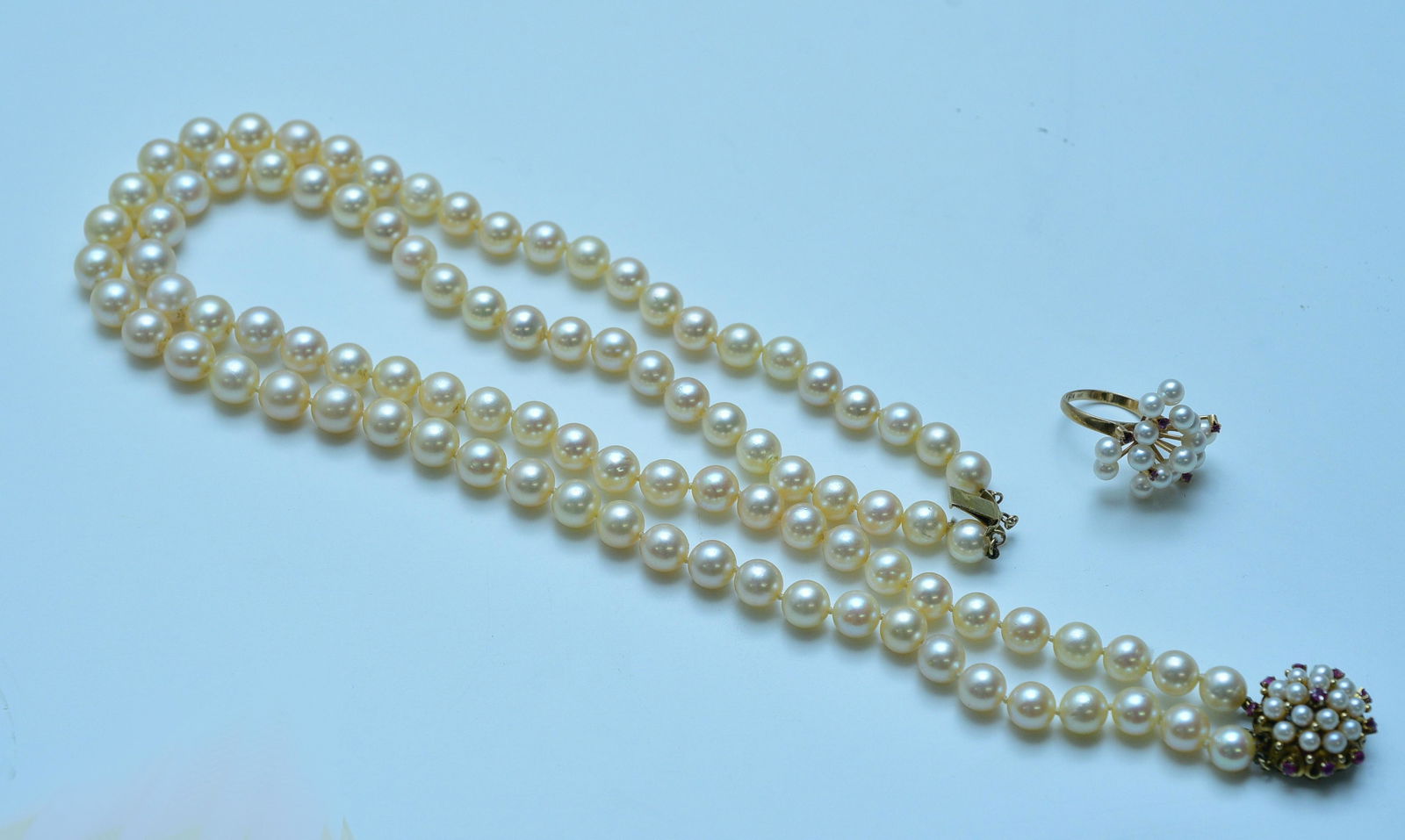 14k Gold Cultured Pearl Necklace and Ring double strand pearl necklace, with graduated pearls, 7 1/2 (1 of 1)