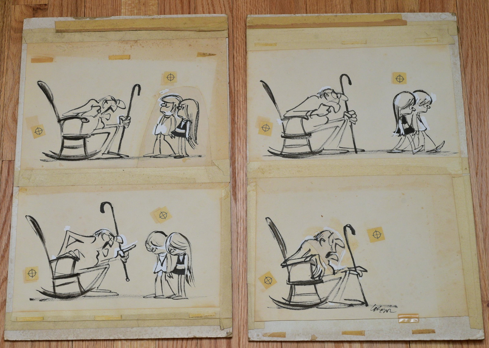 Lee Lorenz: a four-part illustration made up of two 20"x12" boards, each with two panels
