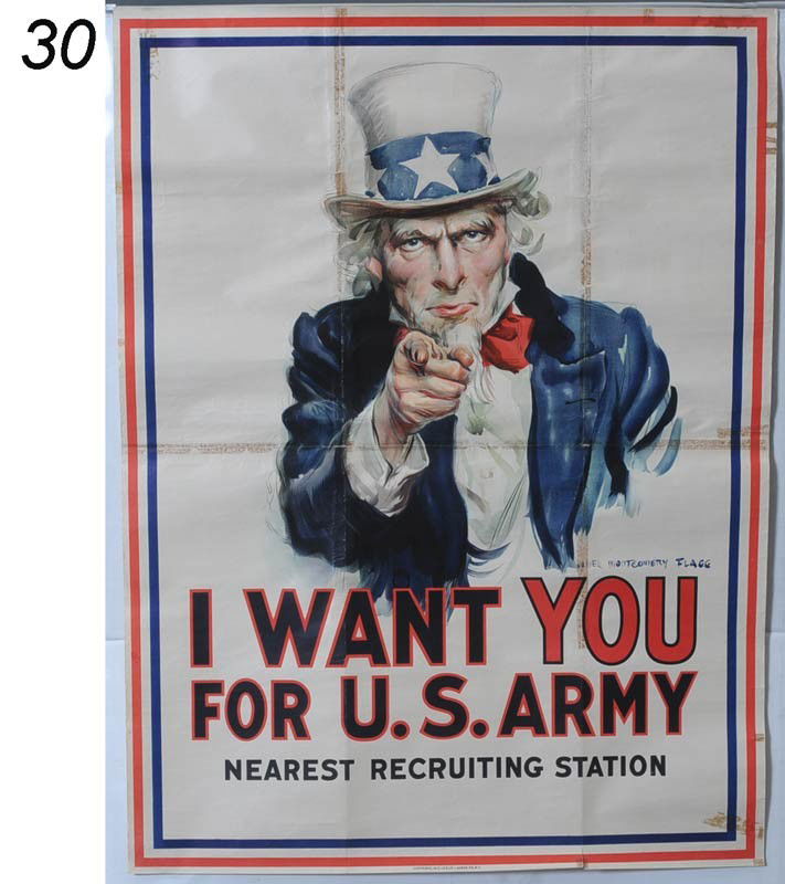 JAMES MONTGOMERY FLAGG I Want You World War I Poste: JAMES MONTGOMERY FLAGG I Want You World War I Poster 40"x 30" circa 1917 Shipping Information:$30 Packing and shipping available within the Continenal USA (excludes insurance which will be added based
