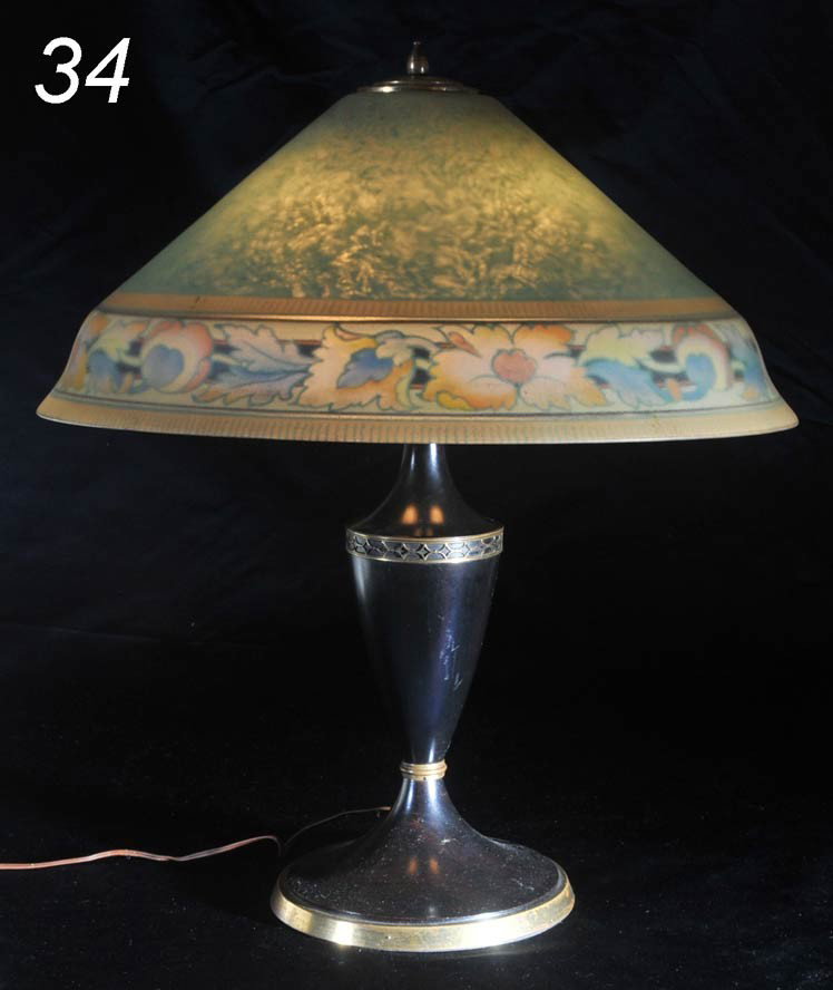 PAIRPOINT REVERSE PAINTED TABLE LAMP with a band of: PAIRPOINT REVERSE PAINTED TABLE LAMP with a band of oak leaves 20 1/2" diameter Shipping Information:Buyer is responsible for arranging 3rd party shipping. We recommend the following shippers: The UPS