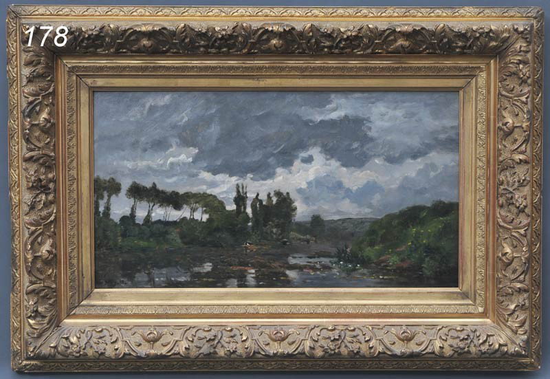 HIPPOLYTE CAMILLE DELPY River Landscape with Lover: HIPPOLYTE CAMILLE DELPY River Landscape with Lovers in Boat 13"x 23 1/2" oil on panel signed lower left, dated 1869 Shipping Information:Buyer is responsible for arranging 3rd party shipping. We recom
