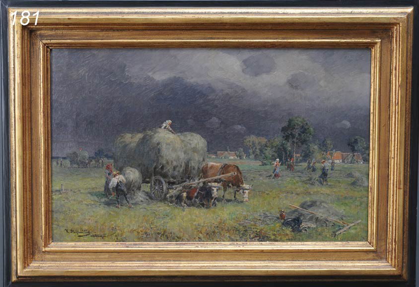 KARL STUHIMULLER Haying Before The Storm 14"x 22 1: KARL STUHIMULLER Haying Before The Storm 14"x 22 1/2" oil on canvas signed lower left Shipping Information:$60 Packing and shipping available within the Continenal USA (excludes insurance which will b