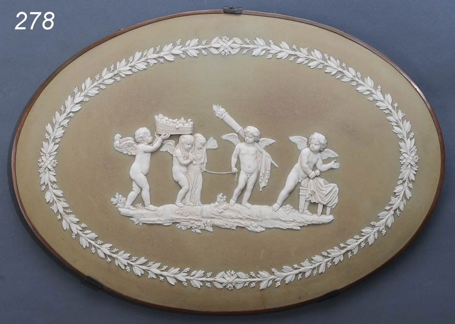 MONUMENTAL WEDGEWOOD JASPARWARE OVAL PLAQUE with b: MONUMENTAL WEDGEWOOD JASPARWARE OVAL PLAQUE with bronze bezel 23"x 16", stamped "WEDGEWOOD" 19th century, the ground is olive green Shipping Information:$60 Packing and shipping available within the C