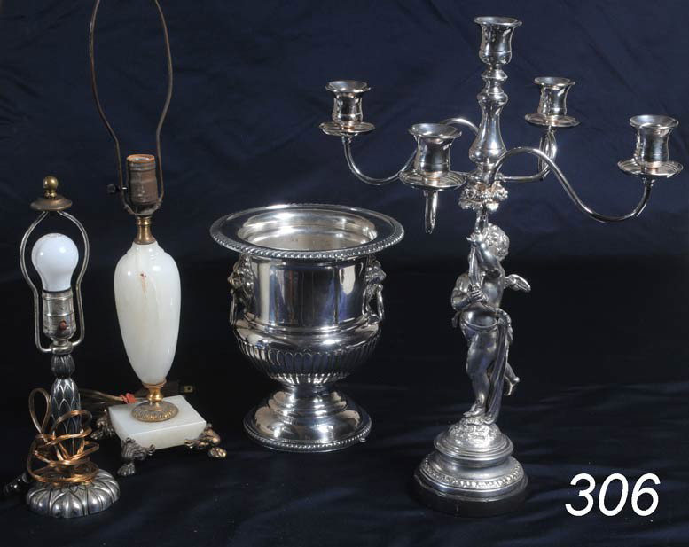 GROUP OF THREE LIGHTING DEVICES together with SILV: GROUP OF THREE LIGHTING DEVICES together with SILVERPLATED WINE COOLER largest 22" Shipping Information:$60 Packing and shipping available within the Continenal USA (excludes insurance which will be a