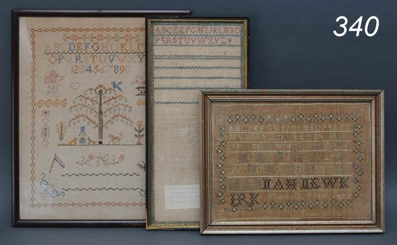 GROUP OF THREE NEEDLEWORK SAMPLERS largest 17 1/2": GROUP OF THREE NEEDLEWORK SAMPLERS largest 17 1/2"x 14 1/2" Shipping Information:$45 Packing and shipping available within the Continenal USA (excludes insurance which will be added based on selling p
