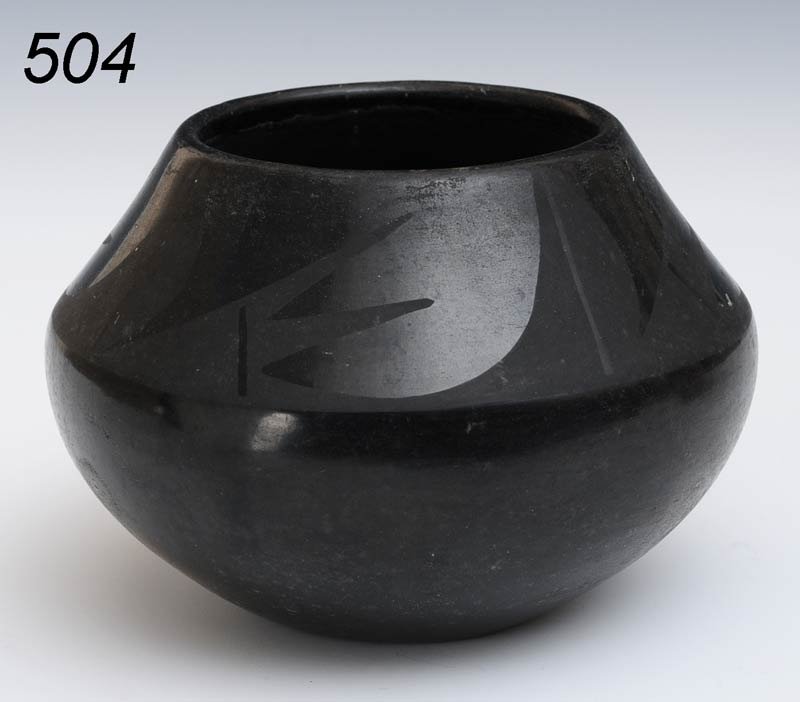 MARIA MARTINEZ BLACKWARE POT signed "Marie & Santa: MARIA MARTINEZ BLACKWARE POT signed "Marie & Santana" 6 1/2" diameter, 4 1/2" high Shipping available within the Continenal USA (listed amount excludes insurance which will be added based on hammer pr