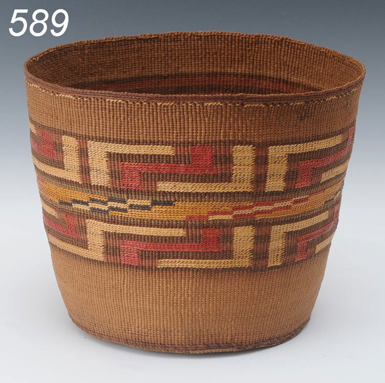 TLINGIT BASKET with key and stair step design 8 1/: TLINGIT BASKET with key and stair step design 8 1/4" high, 9 1/2" diameter repair to bottom Shipping available within the Continenal USA (listed amount excludes insurance which will be added based on