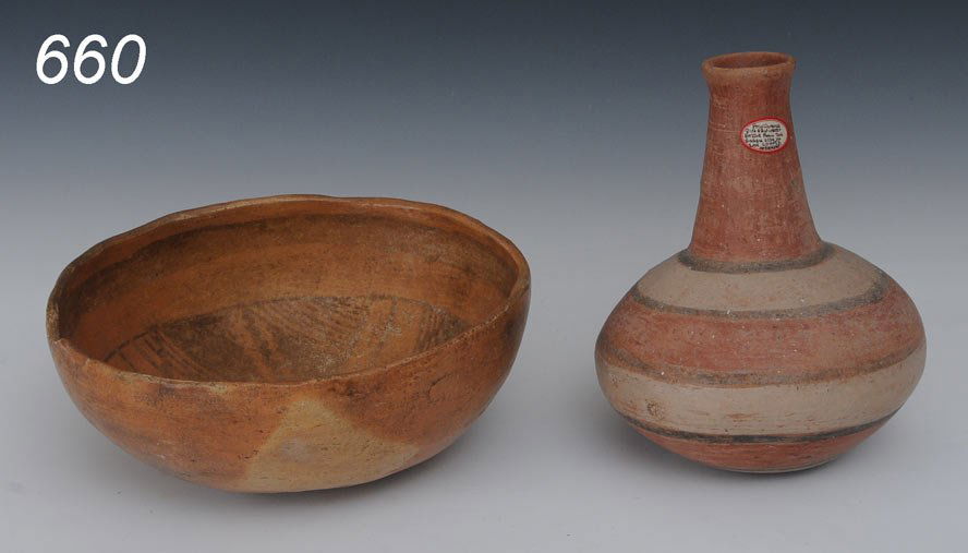 CADDOAN REDWARE BOTTLE together with a Salado Bowl: CADDOAN REDWARE BOTTLE together with a Salado Bowl bottle 7" high, bowl 8" diameter Shipping available within the Continenal USA (listed amount excludes insurance which will be added based on hammer p