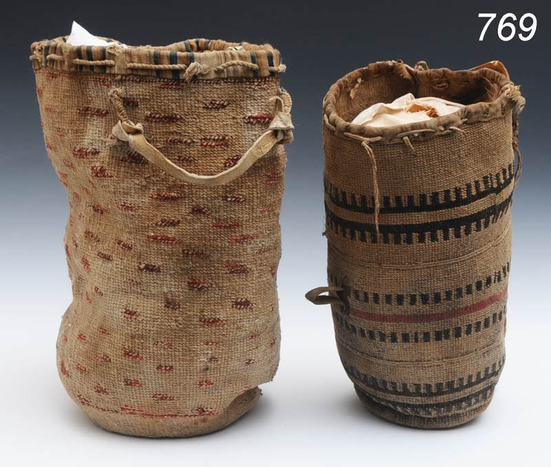 PAIR OF NEZ PERCE SALLY BAGS larger 16" high Ship: PAIR OF NEZ PERCE SALLY BAGS larger 16" high Shipping available within the Continenal USA (listed amount excludes insurance which will be added based on hammer price.) $35
