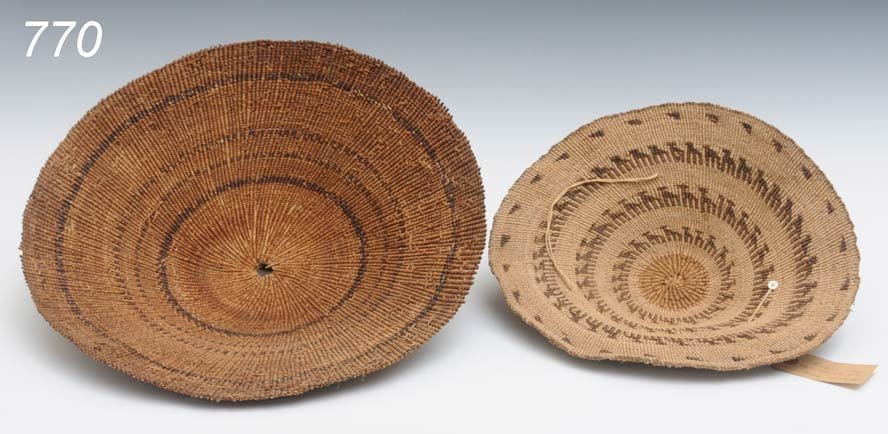 PAIR OF CALIFORNIA BASKETS, one labeled Modoc, lar: PAIR OF CALIFORNIA BASKETS, one labeled Modoc, larger 15" diameter Shipping available within the Continenal USA (listed amount excludes insurance which will be added based on hammer price.) $40