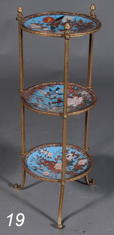 VICTORIAN BRASS STAND with Chinese cloisonne insets: VICTORIAN BRASS STAND with Chinese cloisonne insets, each 12" diameter, 35" high overall, circa 1910 Shipping Information: Buyer is responsible for arranging 3rd party shipping