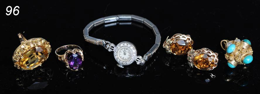 GROUP OF JEWELRY including 14k Longines wrist watch: GROUP OF JEWELRY including 14k Longines wrist watch, citrine and amethyst rings Shipping Information: Shipping within the Continental USA (excludes insurance which will be added based on selling pric