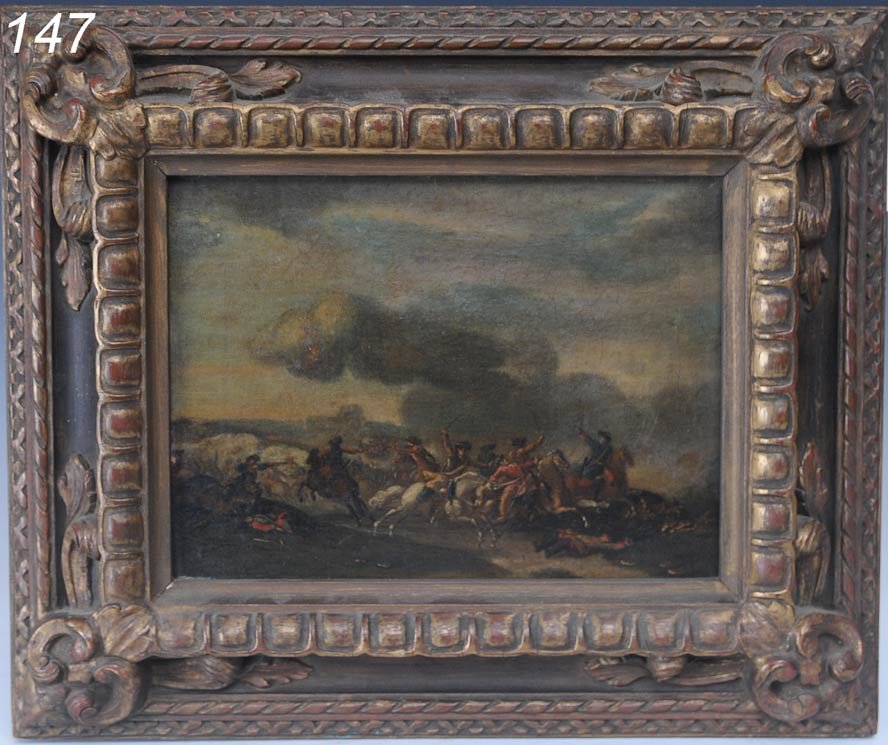 CONTINENTAL SCHOOL Calvary Battle, Rugendass 7 1/2: CONTINENTAL SCHOOL Calvary Battle, Rugendass 7 1/2"x 9 3/4" oil on canvas ex Babcock Gallery 17th century Shipping Information: Shipping within the Continental USA (excludes insurance which will be ad