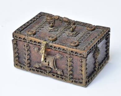 Gothic Trinket Box: clad with embossed leather and with gilt metal strapping, 4" x 2 3/4" x 2", 19th century or earlier