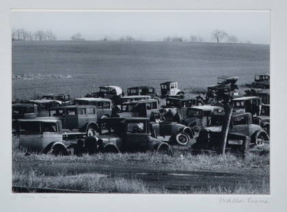 Walker Evans: Joe's Auto Graveyard, Pennsylvania,gelatin silver print, negative 1936, printed 1971, signature in pencil to the mount at lower right, matted and framed. Image 4 3/4" x 6 3/4", Frame 19" x 16"