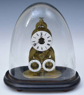 Diminutive French Skeleton Clock: 8-day time only movement with Silk thread suspension, shaped Brass plates and porcelain dial, subsidiary dials for month and date, mid-19th century