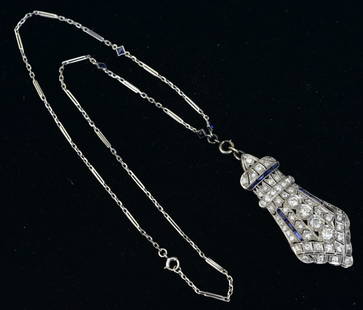 Edwardian Platinum Diamond and Sapphire Pendant Necklace: approximately 3 ct tw set with old European cut diamonds, the center diamonds approximately .30 ct, .25 ct, .20 ct and .15 ct., the pendant is 2" long and on a 14k gold 15" long chain., weight is 8.9