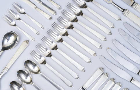 Georg Jensen "Pyramid" Sterling Silver Flatware Set: Danish, (43) pieces including (10) forks, 7 1/8", (10) spoons 6 3/8", (10) butter knives 8 3/4", carving set, salad set, cheese slice, serving spoons plus (6) misc., five of which (3 short forks, larg