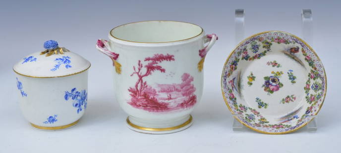 Two Sevres Porcelain Jars and a Bowl: Two Handled Vase decorated with pink flowers, 5" high, Blue and White Covered Jar, 4 1/2" high and a decorated small bowl, 5 3/8" diameter, all with Sevres blue marks