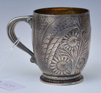 Tiffany & Co  Aesthetic Movement Japonesque Sterling Silver Cup: with overall engraving of flowers and leaves, gilt interior, 3 5/8" high, 5.5 troy ounces, designed by Edward C. Moore, late 19th century, stamped Tiffany & Co, 3604, "M", 3336, Union Square