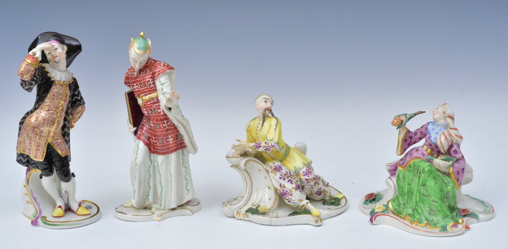 Four Nymphenburg Porcelain Figures: Chinese Priest, Cavalier and two seated figures, the largest 8" high, all signed