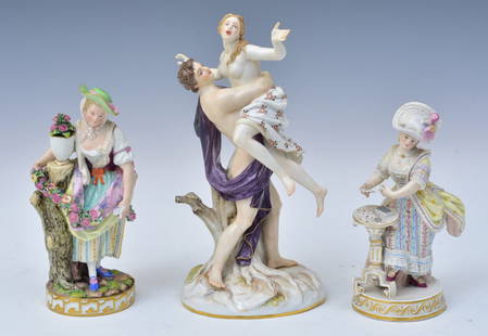 Three German Porcelain Figures including Meissen: Meissen Rape of Europa, 9" high, Meissen Woman Playing Cards, 6 1/4" high and German Maiden with Flowers, 6 3/4" high