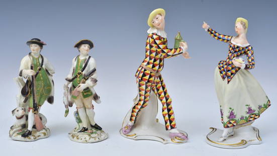 Four German Porcelain Figures: Two Nymphenburg Harlequins, 7 1/2" high and Two Hunters, 6" high