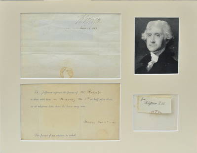 Thomas Jefferson - signature, invitation, free frank (3): including: (1) bottom portion of letter with Jeffersons signature; (2) printed invitation for dinner with Jefferson; (3) free frank signature clipped from envelope with partial postmark; all matted to