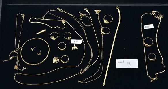 10k and 14k Gold Jewelry: 14k gold chains, rings and bracelets together with 10k gold chain and two rings, 18.7 dwt