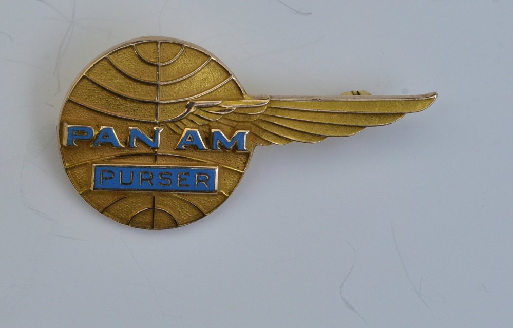10k Gold Pan Am Airline Purser Wings: with blue enameled lettering, 1 1/2" long, 5.1 dwt gross, circa 1960s