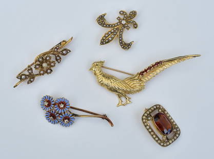 9kt, 14kt and 15kt Gold Brooches (5): Three 14k gold brooches: Pheasant, 2 3/8" long, Floral with enameled petals set with four diamonds, fleur-de-lis set with seed pearls and diamond. 15kt floral set with seed pearls and a 9kt garnet and