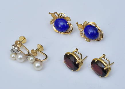 Three Pairs 14k Gold Earrings: Lapis 12 mm x 9 mm earrings, Garnet 14mm x 9 mm earrings both for pierced ears and a pair of pearl screw back earrings, 11 dwt gross