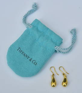 Tiffany & Co 18k Gold Elsa Peretti Teardrop Earrings: Teardrops, 12 mm long, for pierced ears, signed "E. Peretti, Tiffany + Co/18k", weight is 5.1 dwt