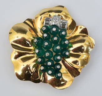 Cartier 18k Gold Diamond and Green Onyx Brooch: Floral brooch set with 25 green onyx beads each set with a diamond with bow set with eight round brilliant cut diamonds and six baguette cut diamonds, 1 3/4" x 1 3/4" brooch, weight is 16.5 dwt gross,