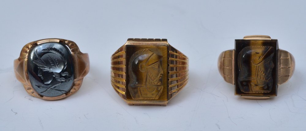 Three 10k Gold Carved Tiger's Eye and Hematite Cameo Rings (1 of 2)