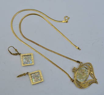 14k Gold Plique A Jour Necklace and Earring Set: Pendant, 1 3/8" long, 15 1/2" long chain, 5/8" earring panels, for pierced ears, weight is 7.3 dwt gross