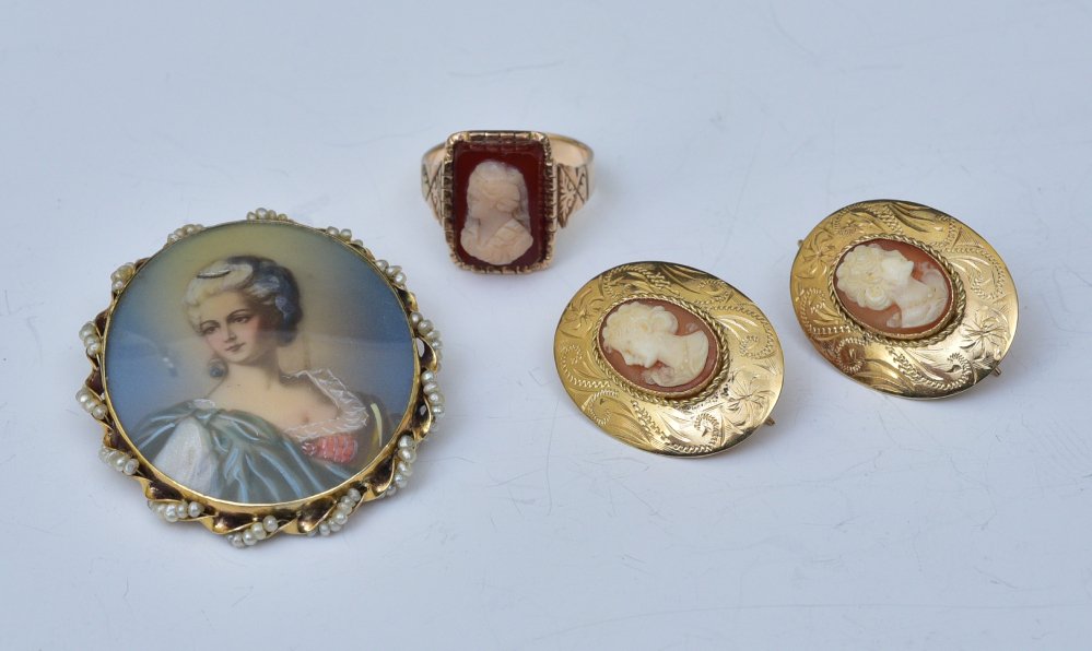 14k  and 10k Gold Cameo Ring and Earrings and Painted Portrait Brooch (1 of 3)