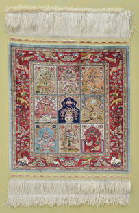 Iranian Silk Garden Carpet: framed, 16"x15" excluding fringe, with frame 30"x21",*** IN HOUSE SHIPPING AVAILABLE FOR CARPET without frame ***