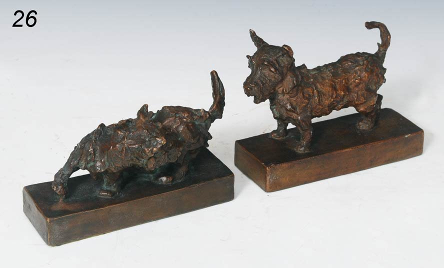 EDITH PARSONS pair of bronze scottie bookends, each: EDITH PARSONS pair of bronze scottie bookends, each 7 1/2" long tallest 5 1/2" high both impressed "E.B. Parsons" 1 impressed "Kunst Foundry,NY" early 20th century Shipping Information: Shipping withi