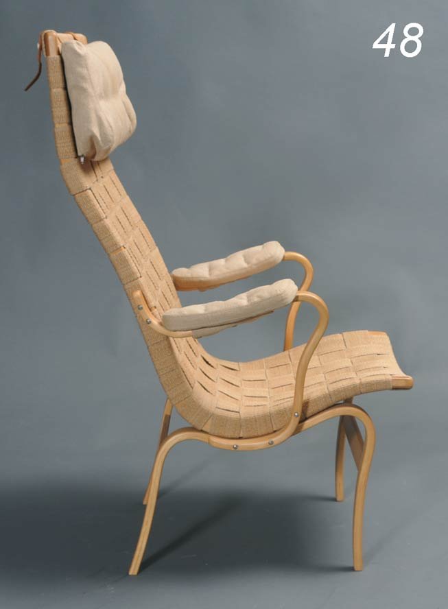 BRUNO MATHSSON high back arm chair with bentwood fr: BRUNO MATHSSON high back arm chair with bentwood frame signed on back rail, "Firma Karl Mathsson/ 1973" 43" high Shipping Information: Buyer is responsible for arranging 3rd party shipping.