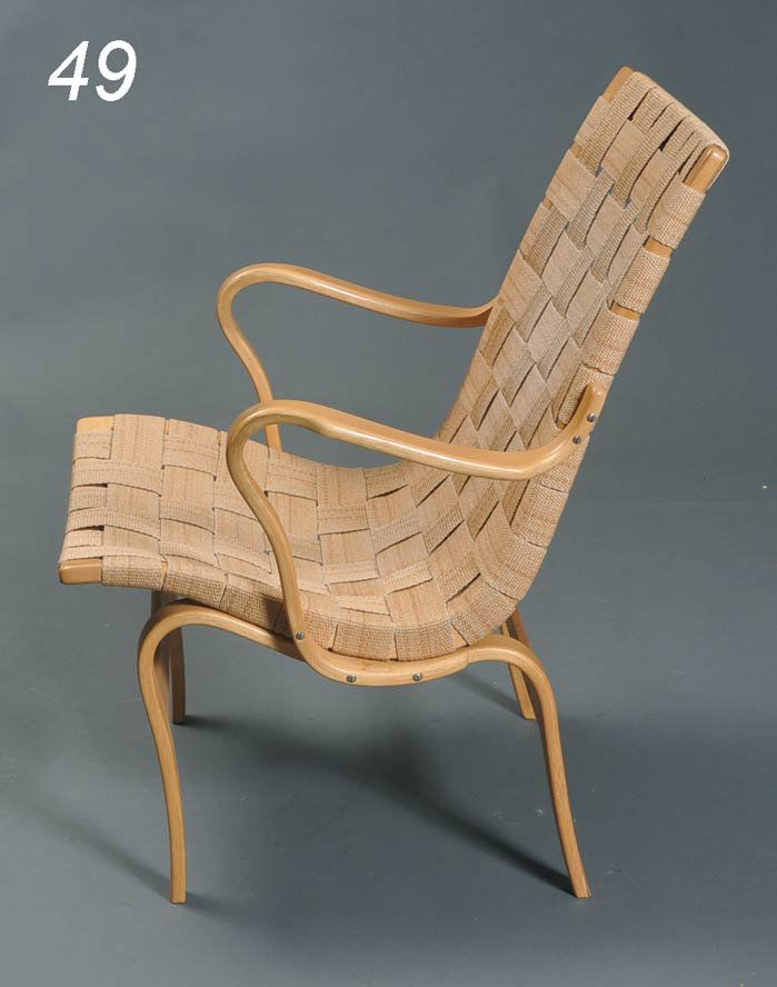 BRUNO MATHSSON arm chair with bentwood frame signed: BRUNO MATHSSON arm chair with bentwood frame signed on back rail, 33" high, "Firma Karl Mathsson/ 1973" Shipping Information: Buyer is responsible for arranging 3rd party shipping.