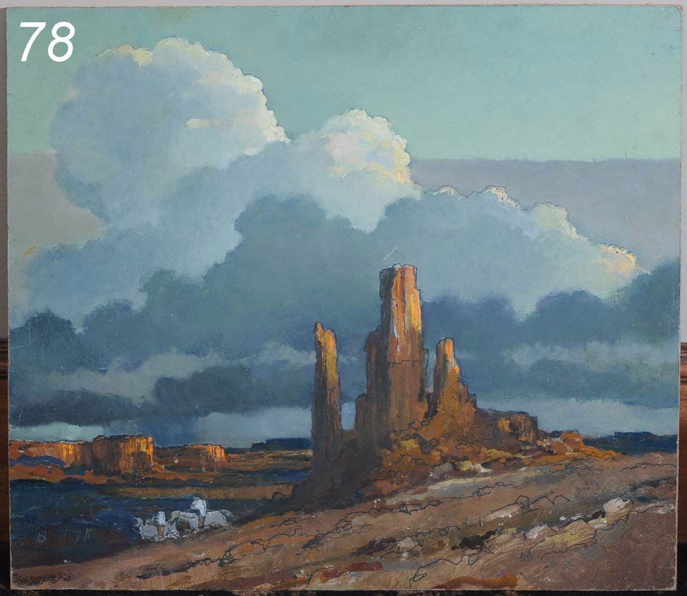 ERIC SLOANE The Sentinels with Riders on Horseback: ERIC SLOANE The Sentinels with Riders on Horseback 21" x 19" oil on masonite signed lower left Shipping Information: Shipping within the Continental USA (excludes insurance):$45. International buyers