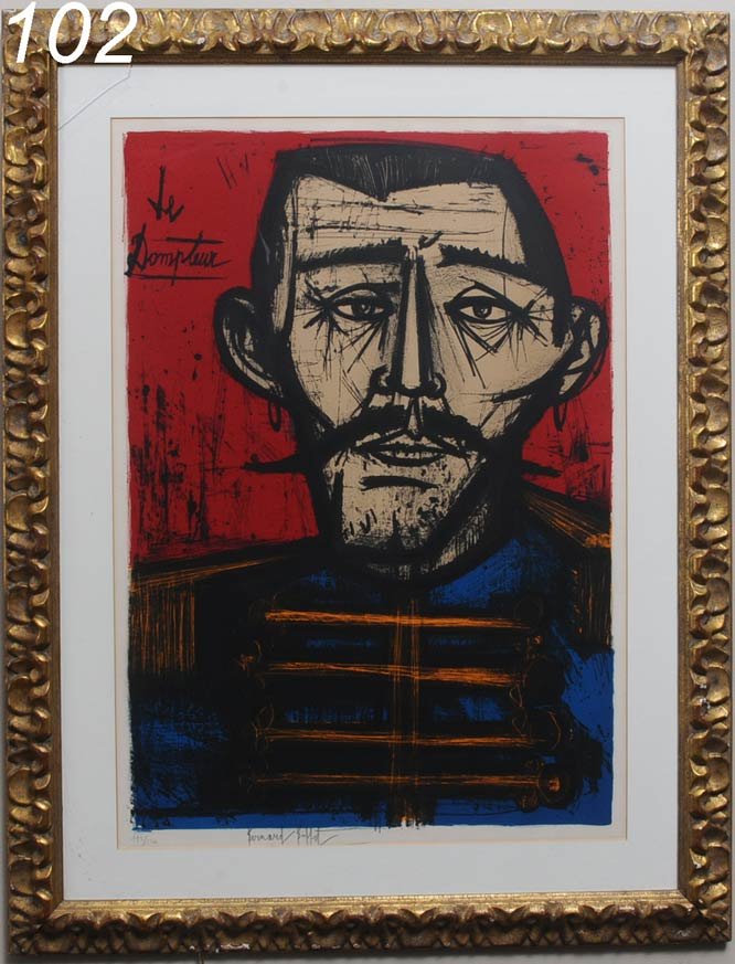BERNARD BUFFET Le Dompteur (Circus Lion Tamer) 27": BERNARD BUFFET Le Dompteur (Circus Lion Tamer) 27" x 18 1/2" lithograph pencil signed lower left numbered 112/120 Shipping Information: Buyer is responsible for arranging 3rd party shipping.