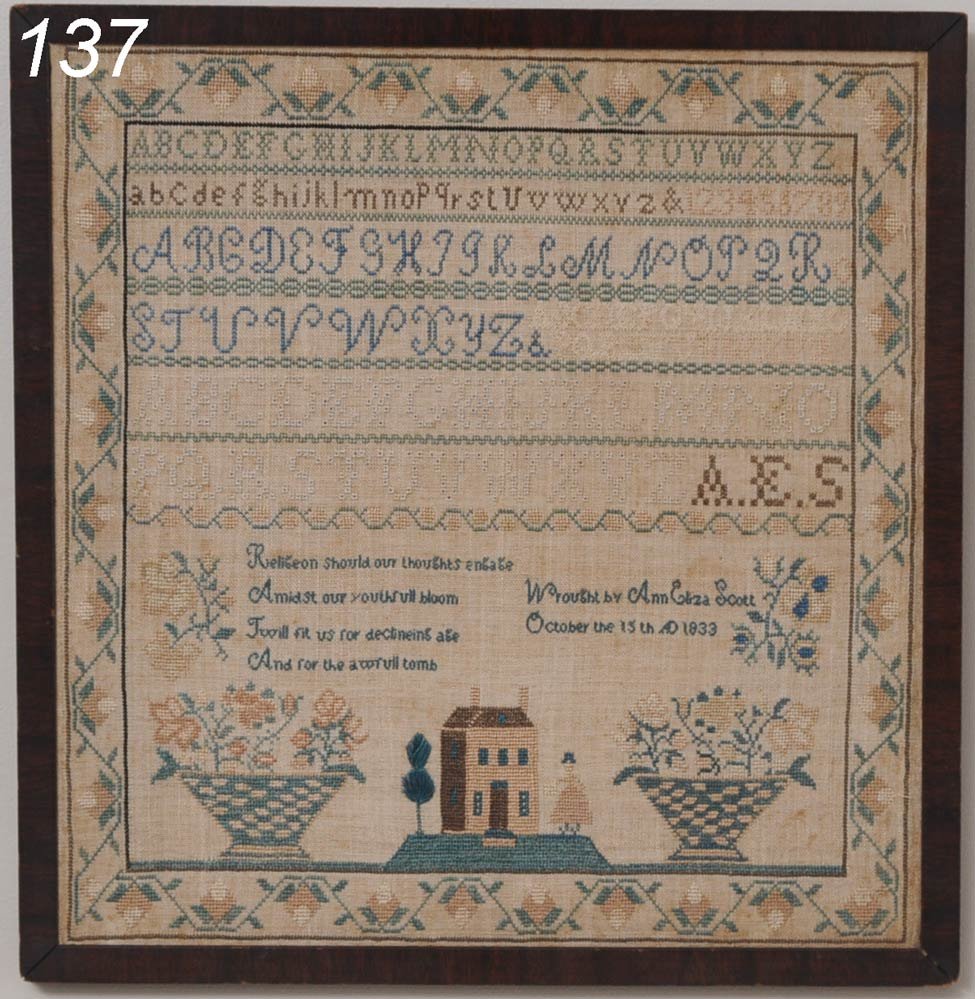 A.E. SCOTT SAMPLER dated 1833 16 1/2" x 17" Ship: A.E. SCOTT SAMPLER dated 1833 16 1/2" x 17" Shipping Information: Shipping within the Continental USA (excludes insurance):$45. International buyers are responsible for arranging 3rd party shipping.