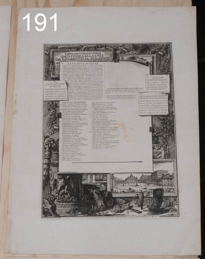 PIRANESI ENGRAVINGS Catalogo, tab. I-V: PIRANESI ENGRAVINGS Catalogo, together with five other engravings, tab. I-V each sheet 16"x22 1/4" on laid paper with fleur de lys in double circle watermark 18th century Shipping Information: Shippin