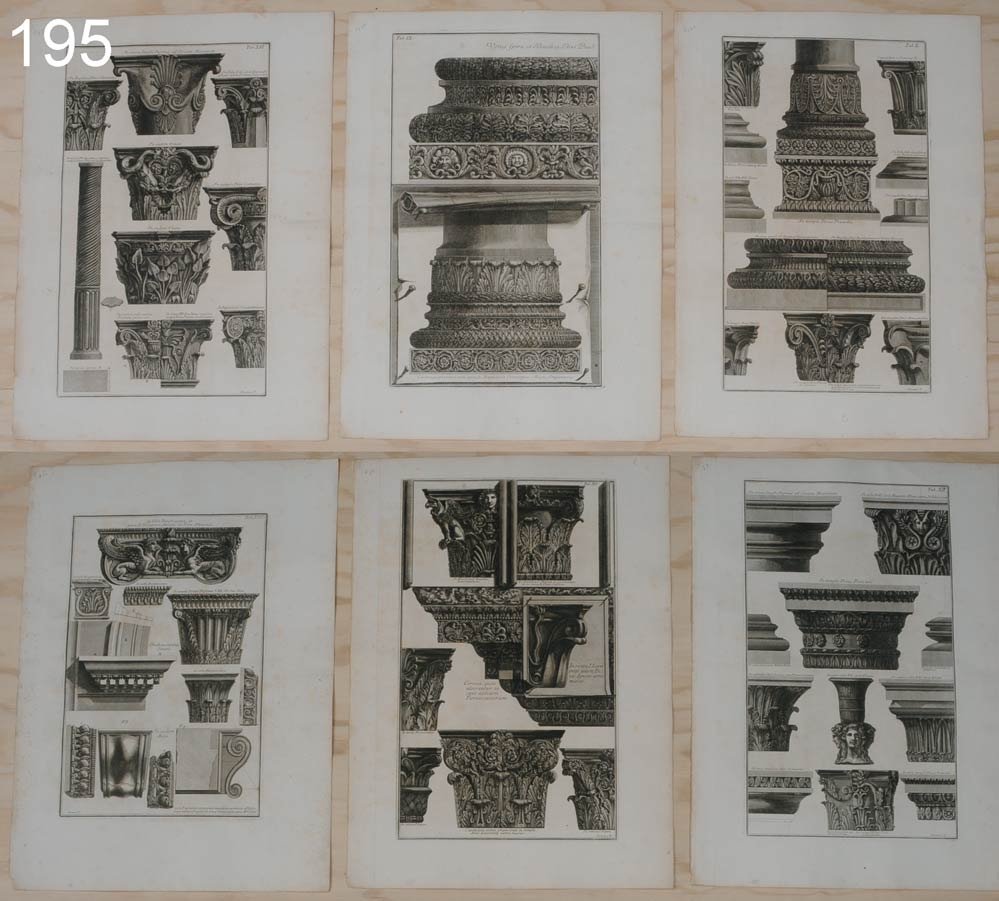 PIRANESI ENGRAVINGS (6) tab IX, X, XII, XIII, XV,: PIRANESI ENGRAVINGS (6) tab IX, X, XII, XIII, XV, XVI each sheet 16" x 22 1/4" on laid paper, with fleur de lys in double circle watermark 18th century Shipping Information: Shipping within the Contin