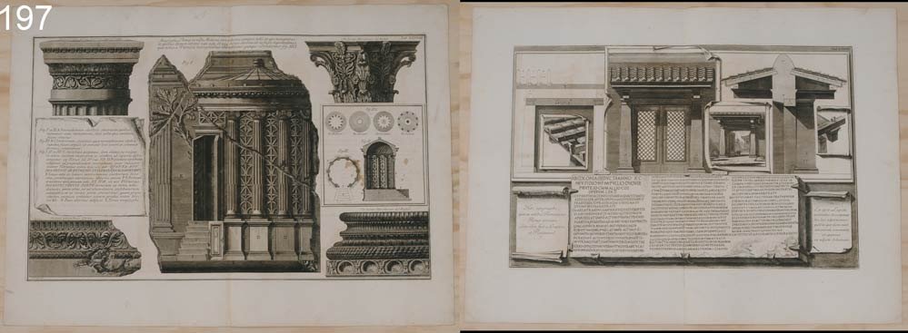 PIRANESI ENGRAVINGS tab XXVII, XXVIII: PIRANESI ENGRAVINGS tab XXVII, XXVIII each sheet 29 1/2" x 22 1/4" on laid paper, with fleur de lys in double circle watermark 18th century Shipping Information: Shipping within the Continental USA (e