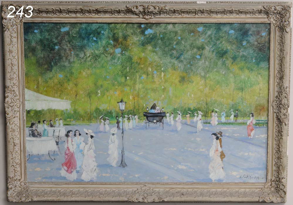 LUIGI CAGLIANI Park Promenade 24" x 36" oil on mas: LUIGI CAGLIANI Park Promenade 24" x 36" oil on masonite signed lower right Shipping Information: Buyer is responsible for arranging 3rd party shipping.