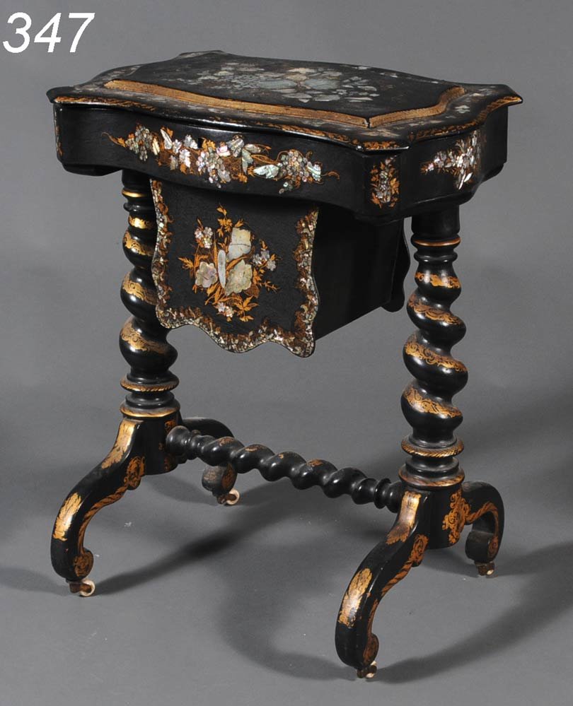 VICTORIAN PAPIER MACHE SEWING STAND 30" x 24" x 16: VICTORIAN PAPIER MACHE SEWING STAND 30" x 24" x 16" Shipping Information: Buyer is responsible for arranging 3rd party shipping.
