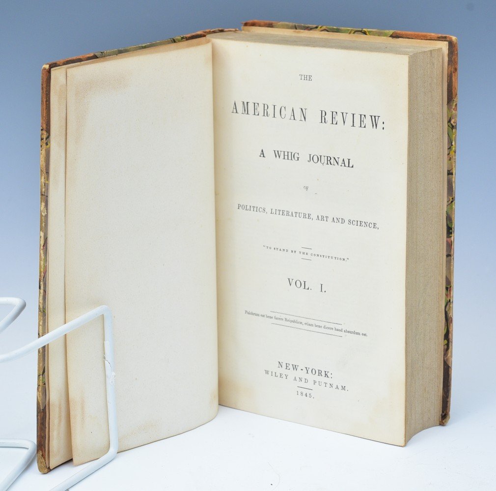 Edgar Allan Poe, "The Raven." [appearing in] The American Review, New York 1845: Edgar Allan Poe, "The Raven." [appearing in] The American Review: A Whig Journal. New York: Wiley and Putnam, 1845. First edition of the first published appearance. Two volumes, consisting of the enti
